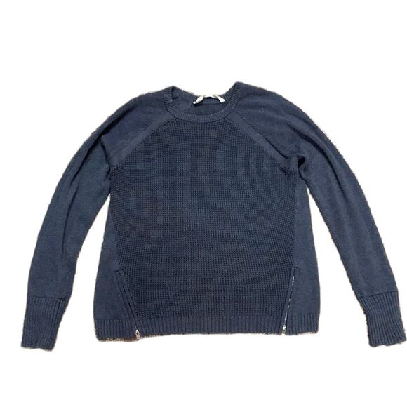 Athleta Uplands Navy Blue Cotton Blend Knit Side Zip Crewneck Sweater Size M - Picture 2 of 14